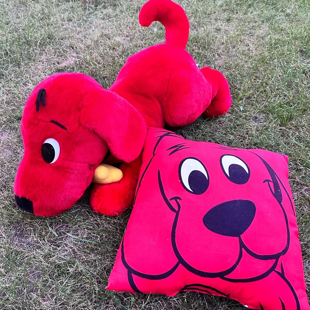 Clifford 27” long. It is a 2000 Scholastic Plush. 

Pillow 14x14 reversible.